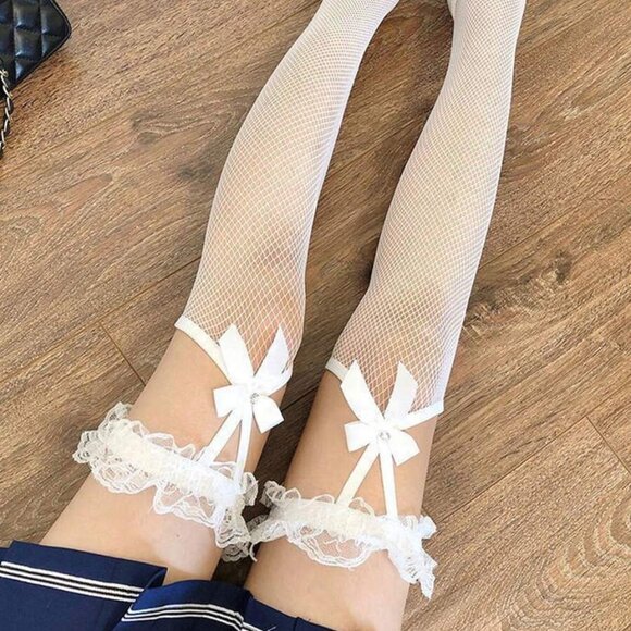 Womens Lace Garter Belt, White Sheer Stockings, Fishnet Lace Suspender Stockings - Picture 2 of 4